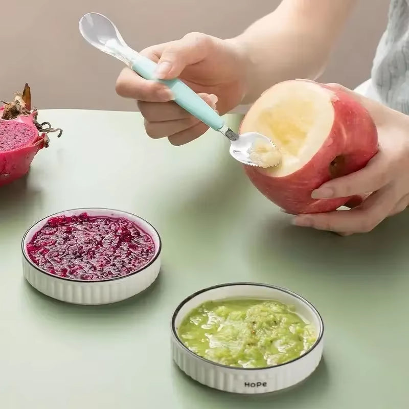 Cubiertos De Bebé De Acero Inoxidable, Cuchara De Puré De Fruta Raspadora De Doble Cabeza De Silicona, Cuchara De Comida Complementaria